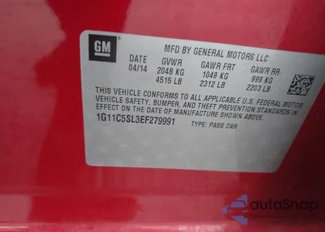 2014 Chevrolet Malibu 1Lt z USA, uszkodzony, nr VIN 1G11C5SL3EF279991